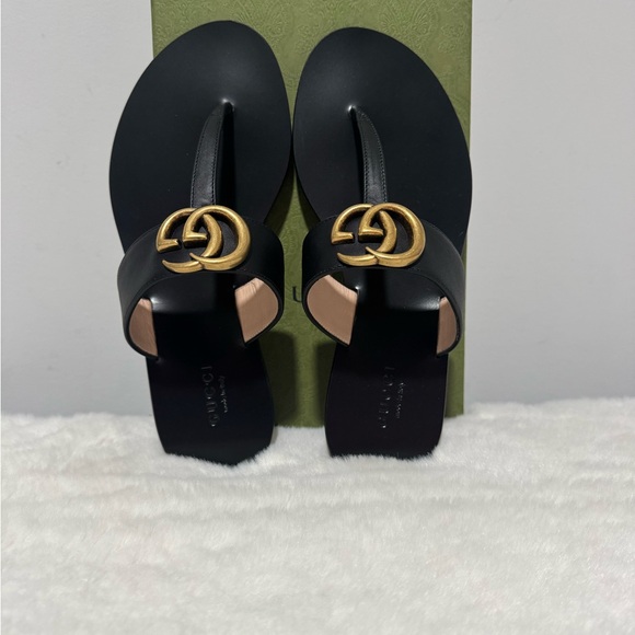 Gucci Shoes - Gucci Black Sandals with Gold Detail